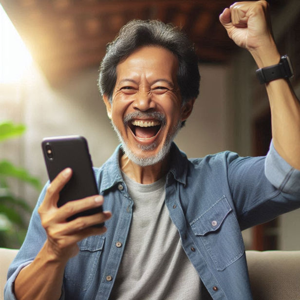 An Indonesian man with a wide smile, wearing casual clothes, cheers and holds up a smartphone, celebrating a win.