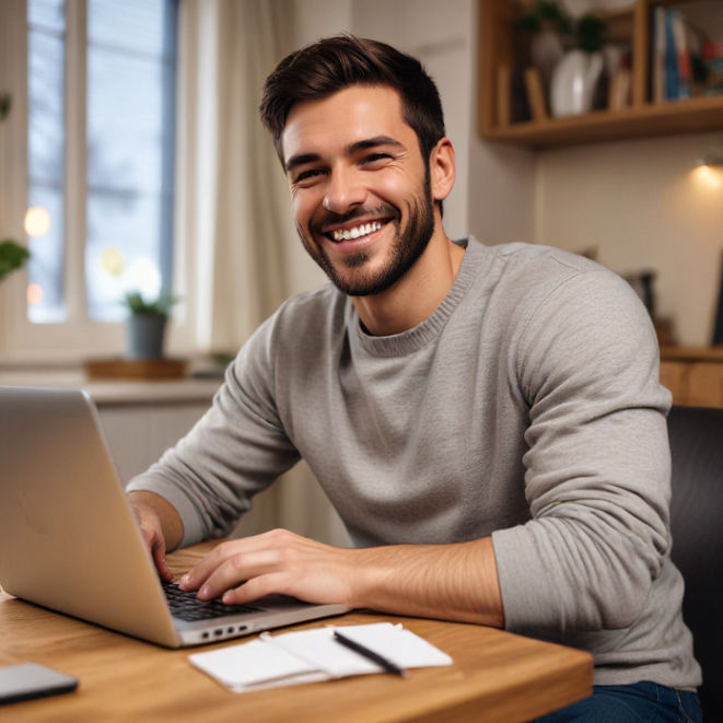 A man sitting at a desk in a cozy home, using his laptop and smiling joyfully as if he just won a game.