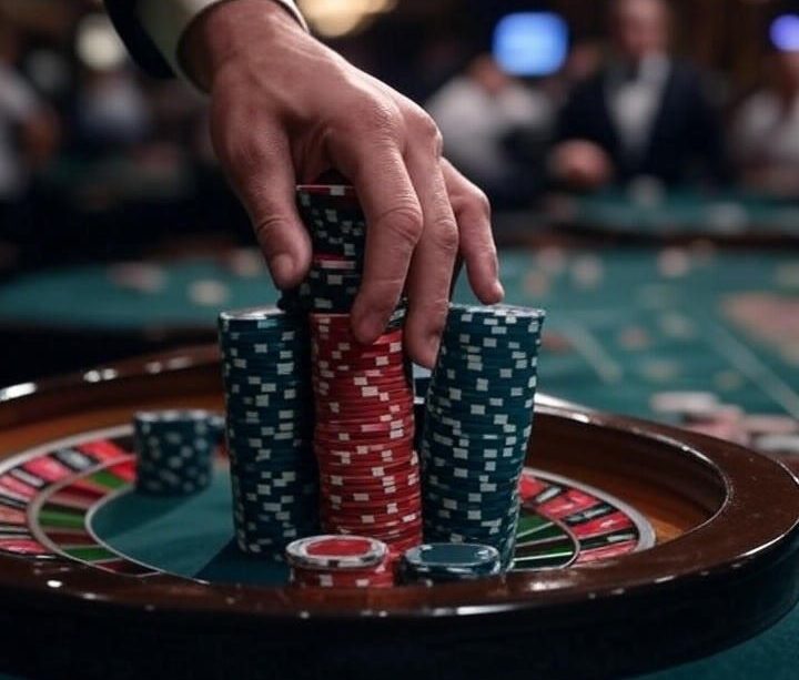 large stack of casino chips on a high-stakes roulette bet