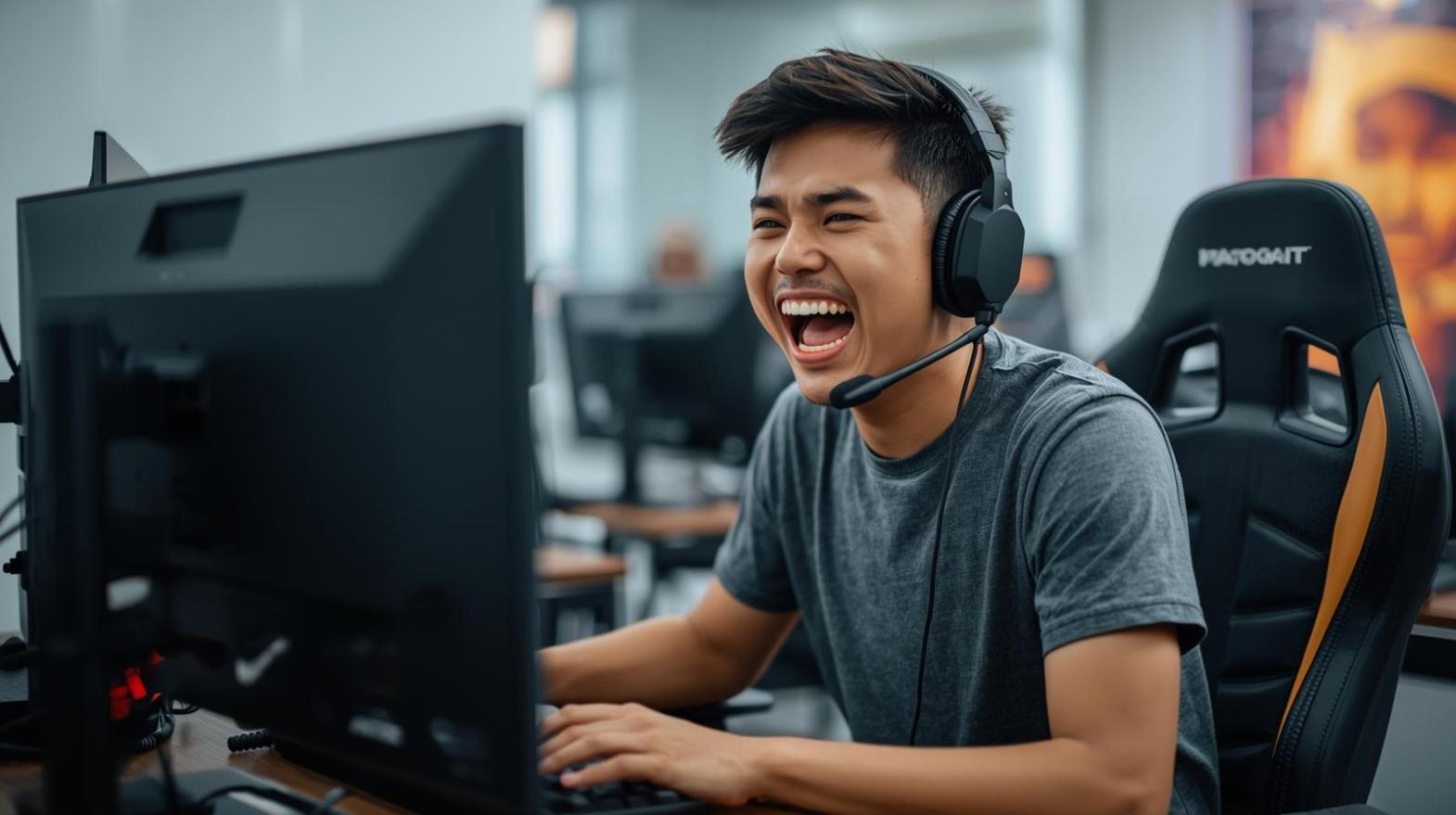 Young Thai gamer celebrating at a bright gaming PC in home setup.