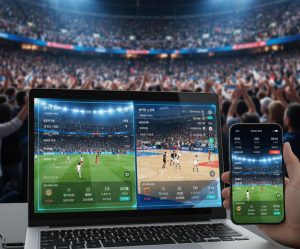 A dynamic digital sports dashboard showing multiple live games streaming on a laptop and smartphone, Korean text displaying live scores and player stats, with a vibrant stadium atmosphere in the background.