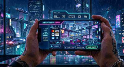 A modern smartphone displaying a digital gaming interface, digital payment icons, interactive game graphics, cloud technology, analytics dashboard, and futuristic city background.